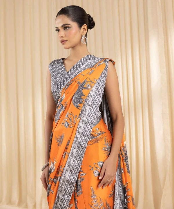 Saffron Bliss -Stylish Evening Wear Saree in Satin Fabric