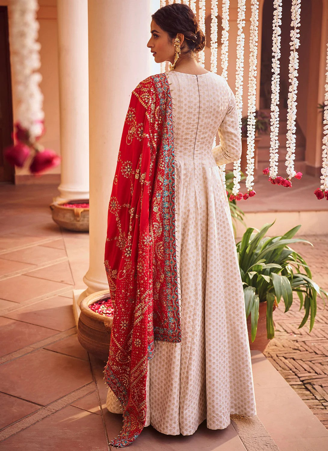 Scarlet - Off-white Anarkali suit with Red Dupatta