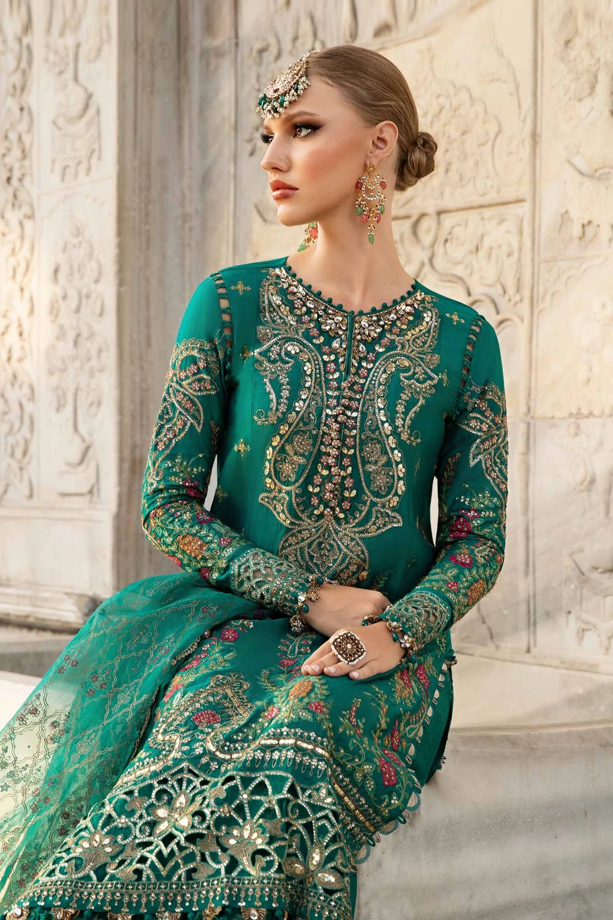 Green Embroidered Cotton Satin Suit By Maria B