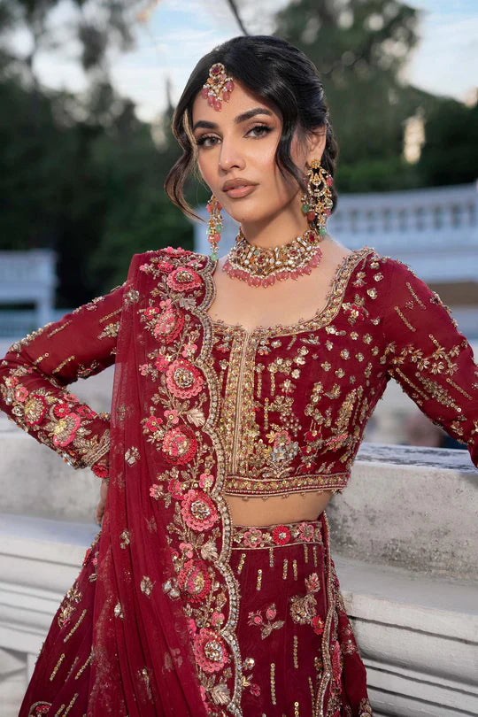 Seray Maria B Royal-Rawa Deep Red Bridal Lehenga with mirror, pearls & naqshi handcrafted stitched outfit – Pakistanimoda