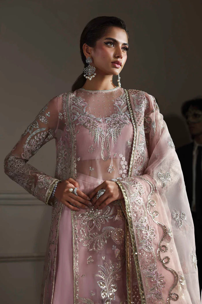 Shahmeena pastel pink organza embroidered dress with dupatta and silk trousers by Akbar Aslam, ideal for engagement parties and festive occasions.
