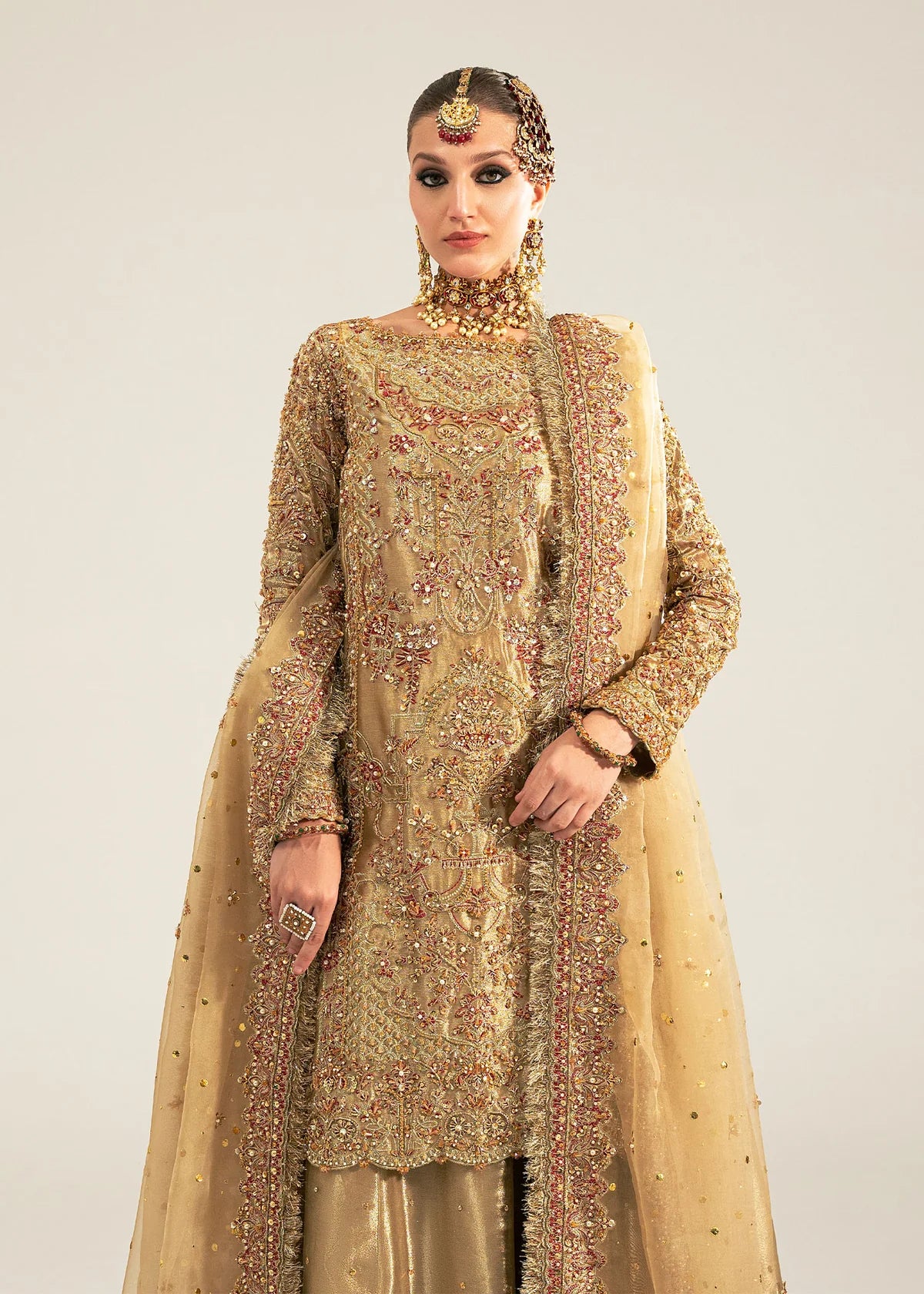 Gold stitched bridal gharara outfit by Kanwal Malik featuring pearl and sequin work with a mukesh dupatta—perfect for brides on their special day.