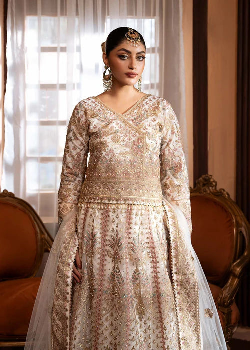Shama- Pakistani White Long Pishwas & Lehenga Ensemble for Parties