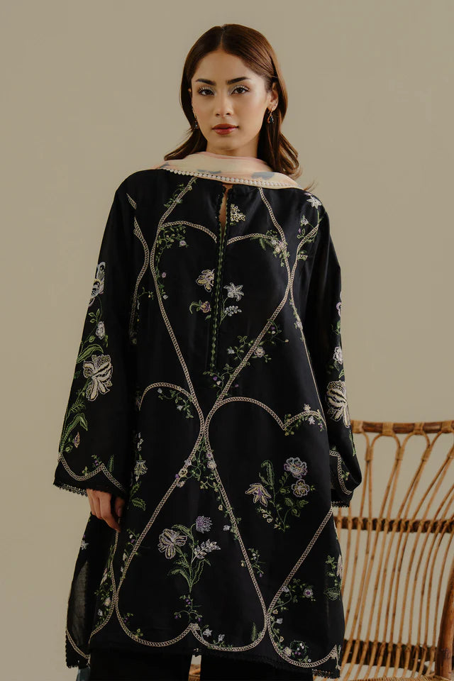 Tara-8A- Bold black embroidered lawn ensemble By- Zara Shahjahan