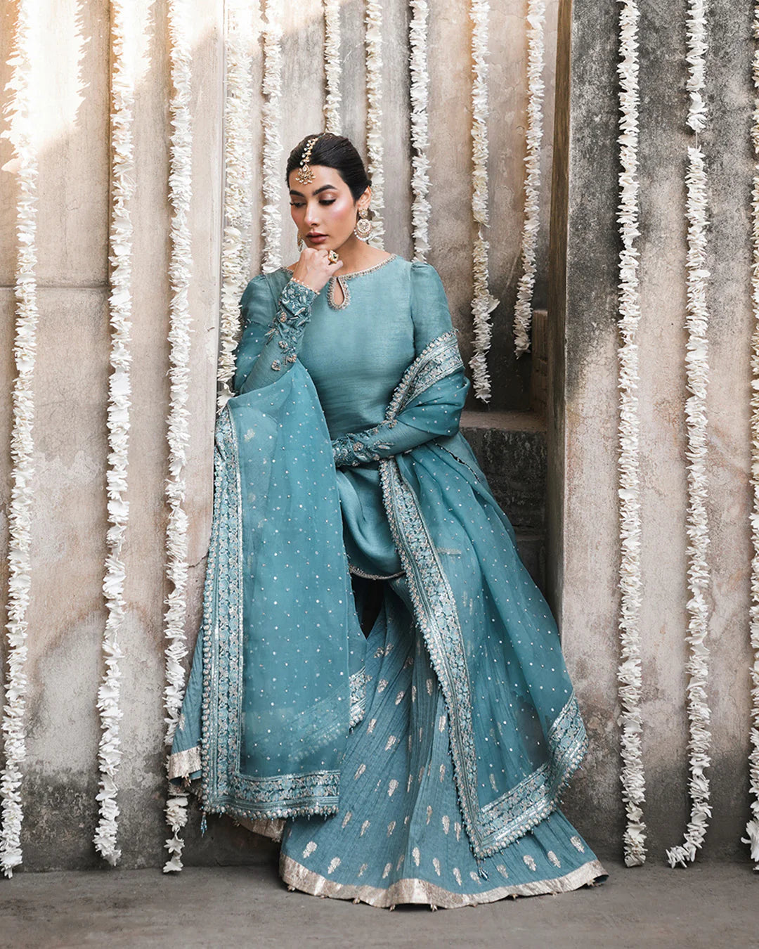 Tisha- Turquoise Blue Embellished Karandi Sharara Suit for Festive Events