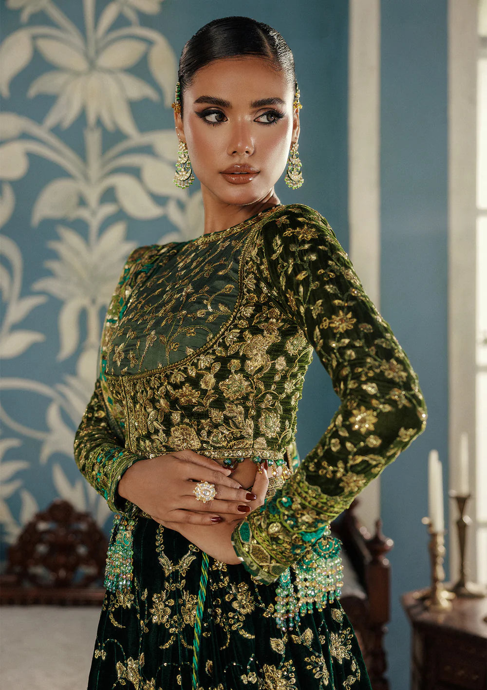 Aik Udaipur Look 02 green velvet lehenga for pre-wedding functions and festive events | Pakistanimoda.com