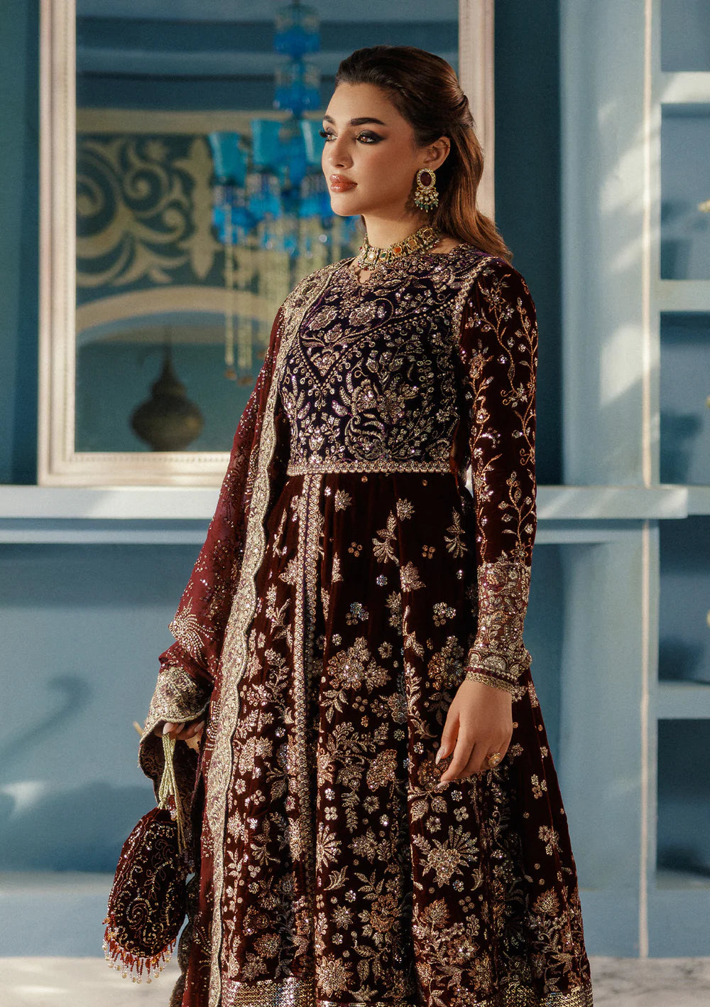 Aik Udaipur Look 03 maroon velvet bridal anarkali suit for Canada brides – luxury festive wear available at Pakistanimoda.com