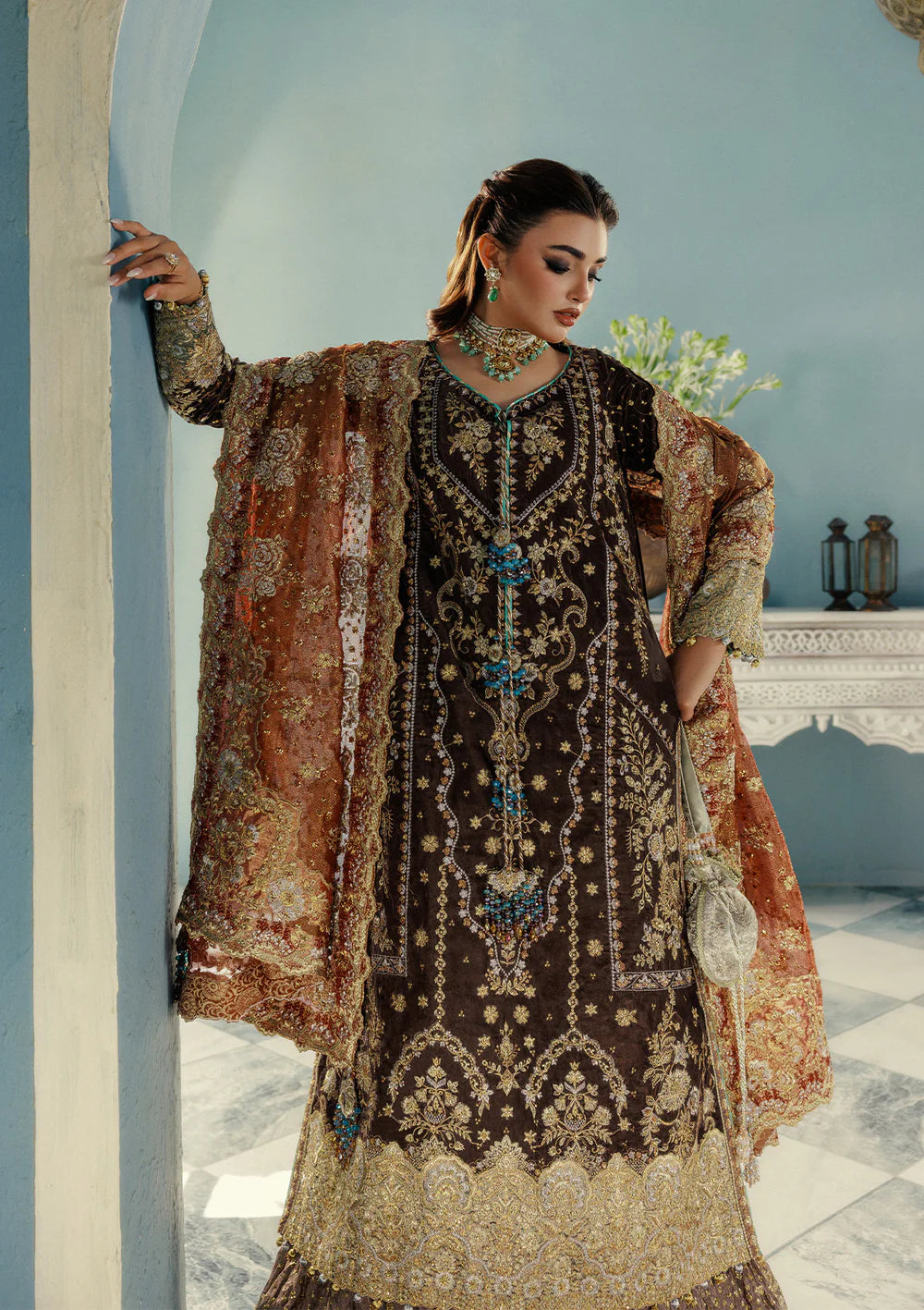 Aik Udaipur Look 07 brown velvet embroidered designer dress – luxury festive and bridal wear available at Pakistanimoda.com