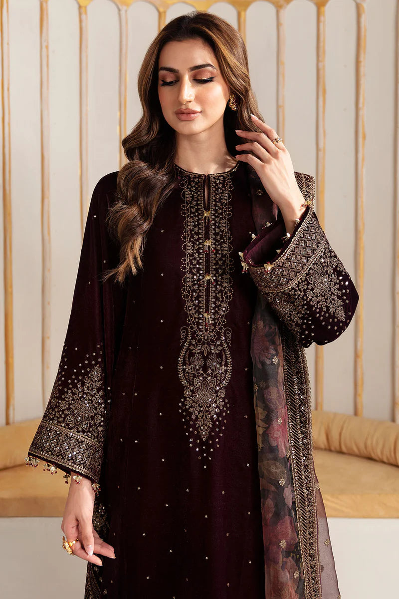 VF-2012 Jazmin Burgundy Velvet Stitched Formal Party Wear Suit with Organza Dupatta – Pakistanimoda Exclusive
