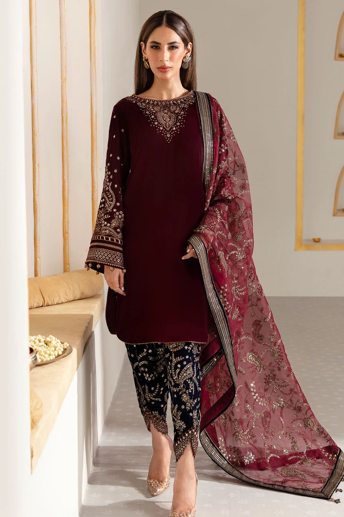 VF-2017 Jazmin Velvet Stitched Maroon Suit for Evening Soires Shop VF-2017 Jazmin Velvet Stitched Maroon Suit for Evening Soires Shop