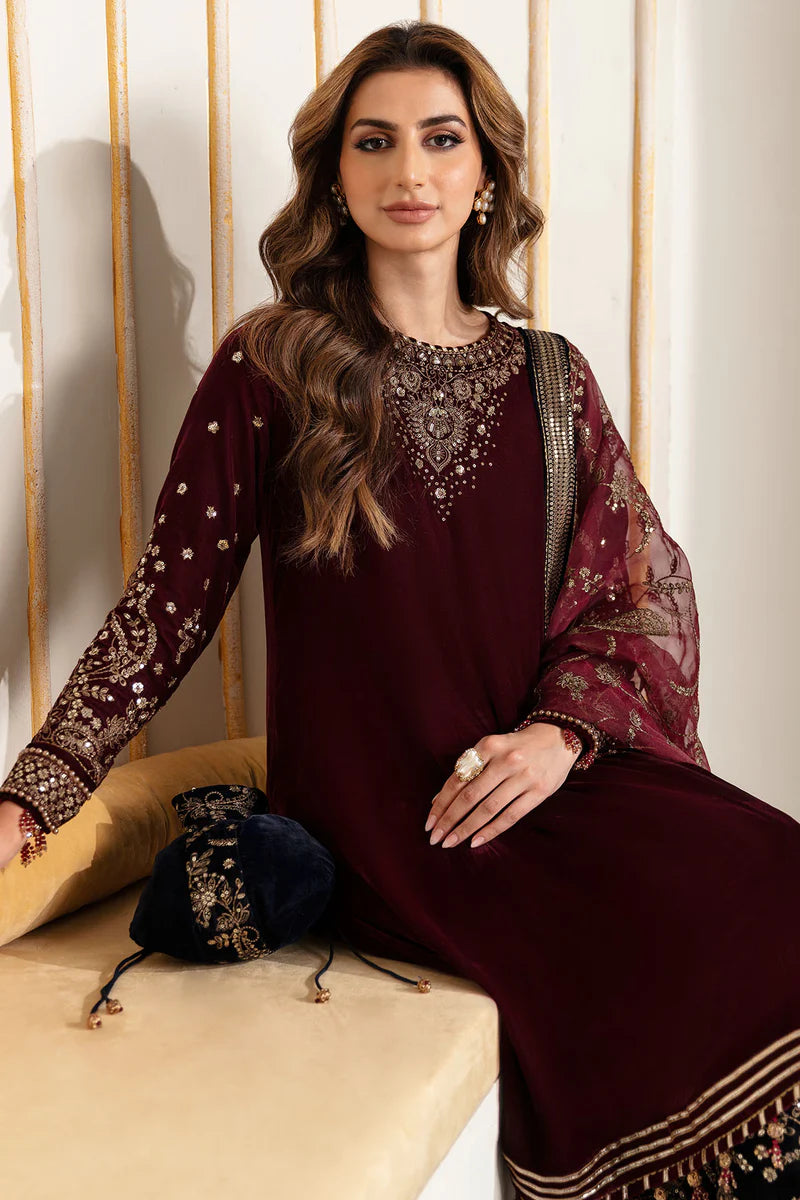 VF-2018 Jazmin Maroon Velvet Embroidered 3pc Eid Formal Dress – Pakistanimoda