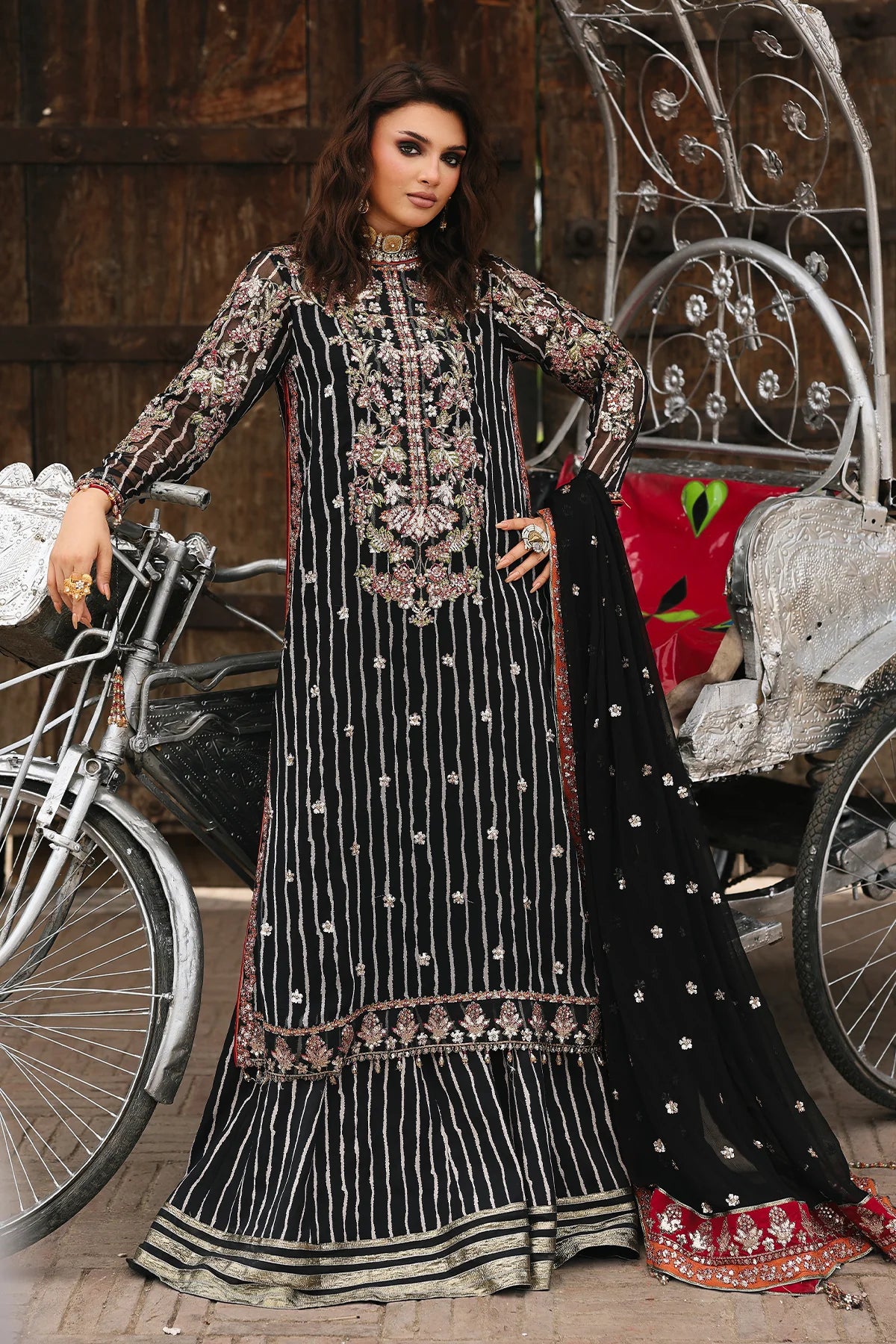 VSL25-26 black chiffon embroidered Pakistani dress with raw silk trouser and embroidered chiffon dupatta – perfect for weddings, by Charizma.