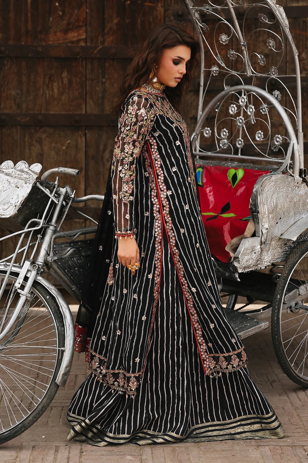 VSL25-26 black chiffon embroidered Pakistani dress with raw silk trouser and embroidered chiffon dupatta – perfect for weddings, by Charizma.