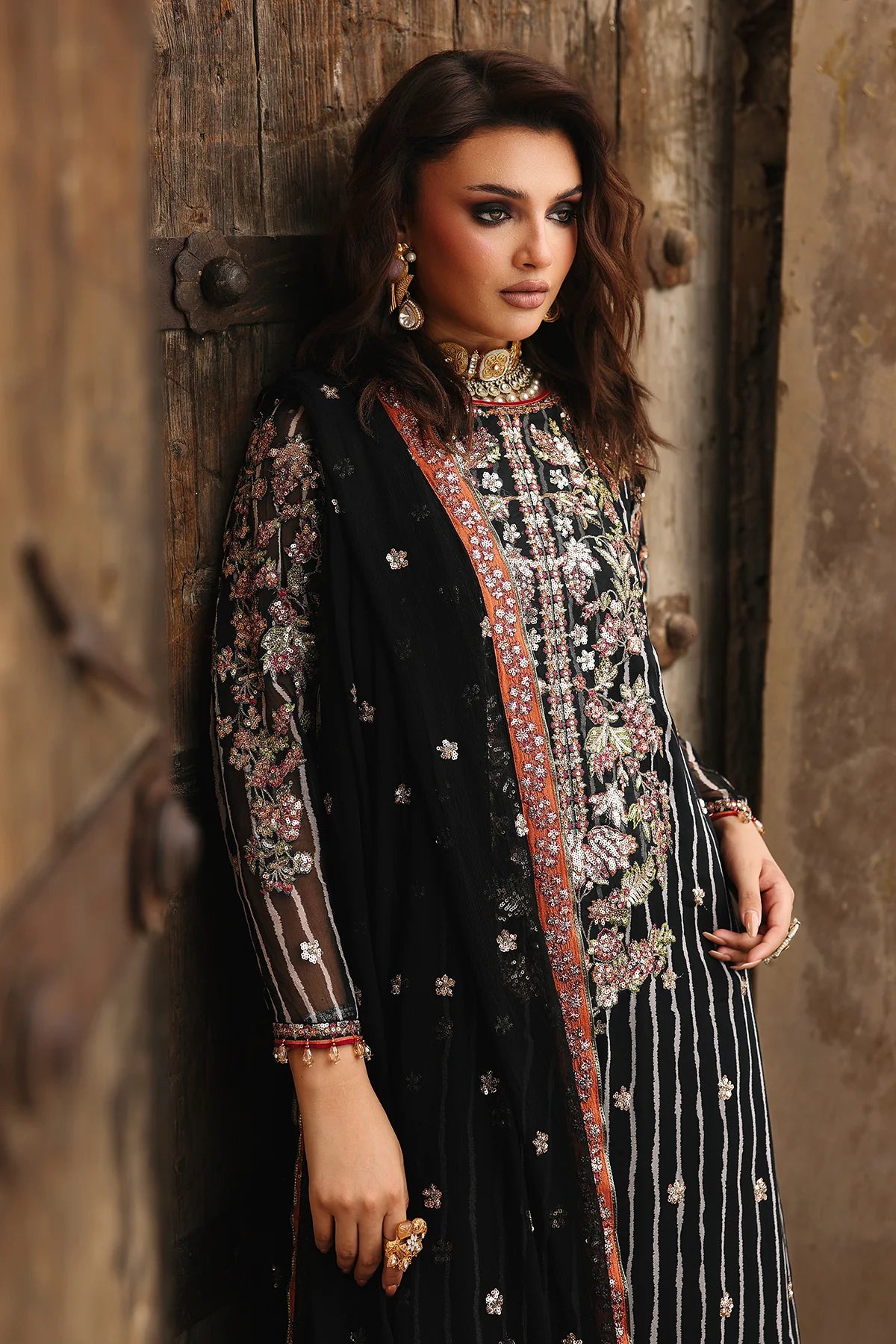 VSL25-26 black chiffon embroidered Pakistani dress with raw silk trouser and embroidered chiffon dupatta – perfect for weddings, by Charizma.