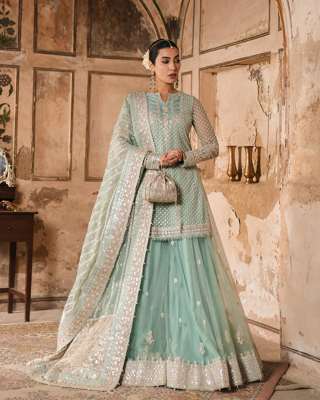 Valari- Embroidered Pastel Blue Net Sharara Dress For Women Valari- Embroidered Pastel Blue Net Sharara Dress For Women