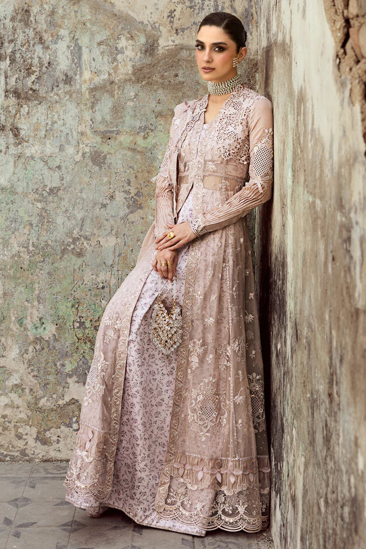 WC-01 AISLA stitched beige chiffon suit by Qalamkar with schiffli and chikankari embroidery, digital slip, and dupatta – available at Pakistanimoda worldwide