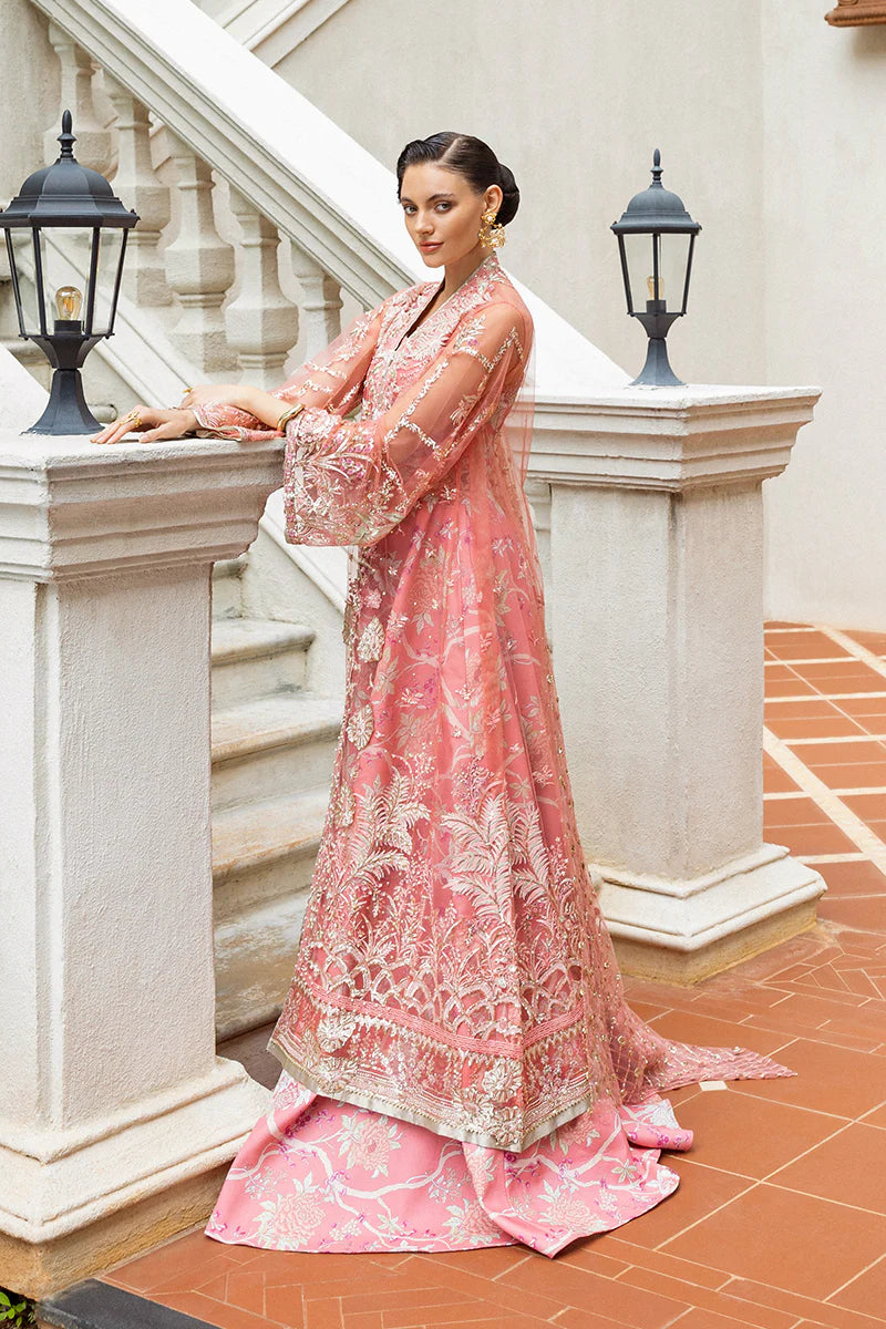 Mushq Wings of Desire coral couture bridal & formal attire with sequins and 3D embellishments – shop online at Pakistanimoda.com.