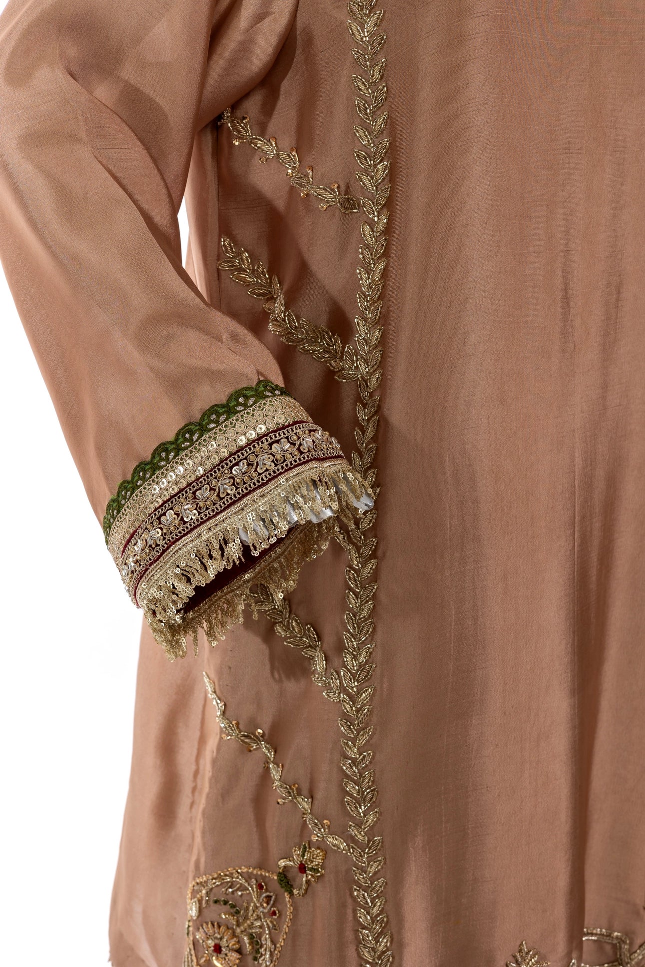 Zarfisha Gold Sheesha Silk Embroidered Suit with farshi shalwar & olive green dupatta with maroon finish by MariamRaj at Pakistanimoda.