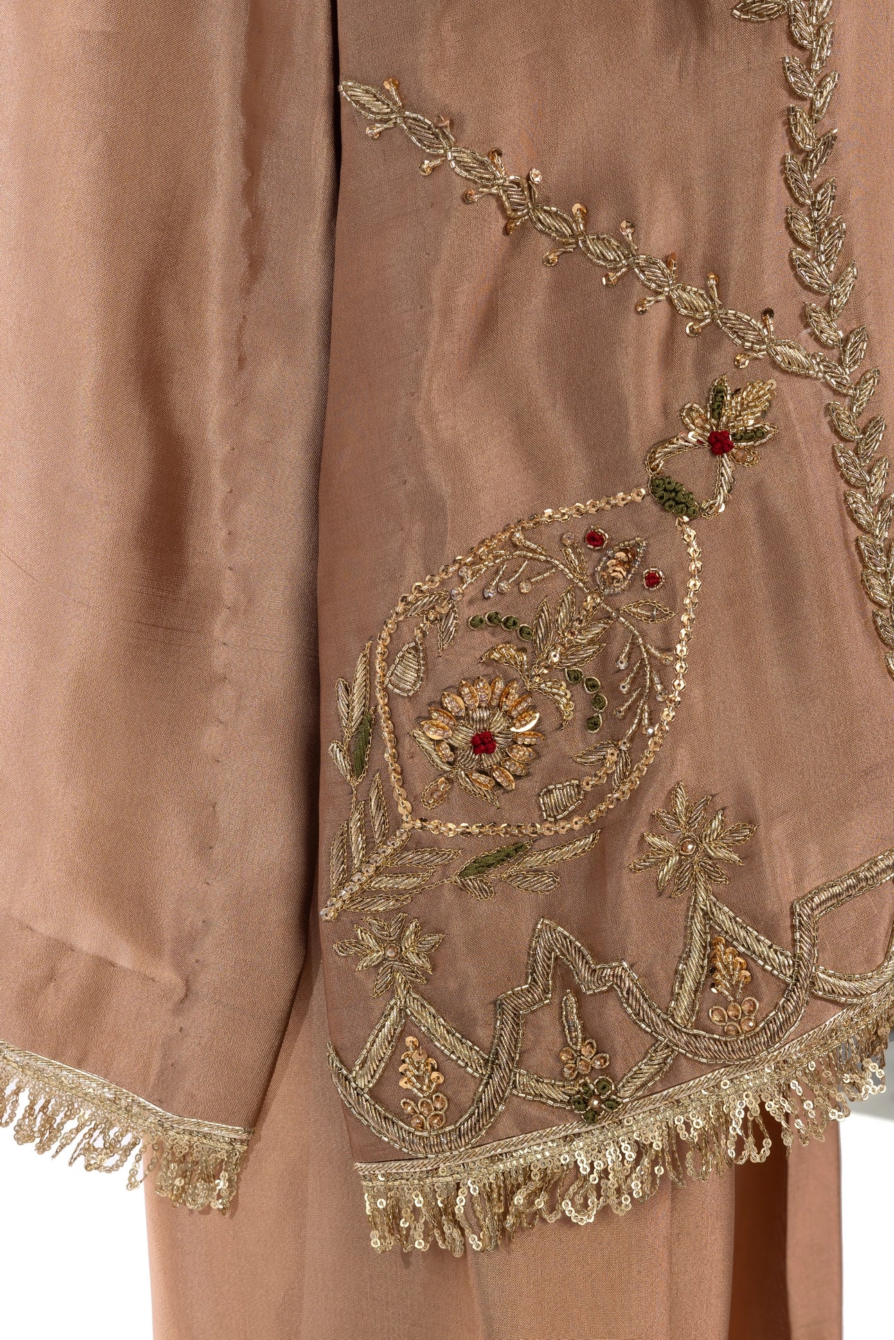 Zarfisha Gold Sheesha Silk Embroidered Suit with farshi shalwar & olive green dupatta with maroon finish by MariamRaj at Pakistanimoda.