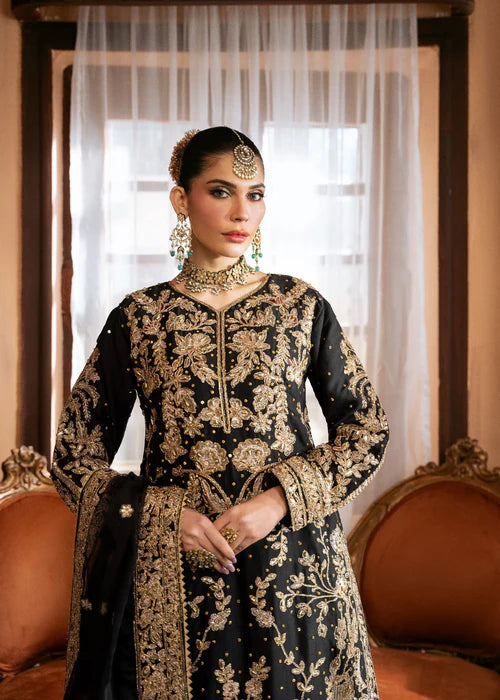 Zarqa- Traditional Jet Black Long Shirt With Lehenga Outfit For Walima Events