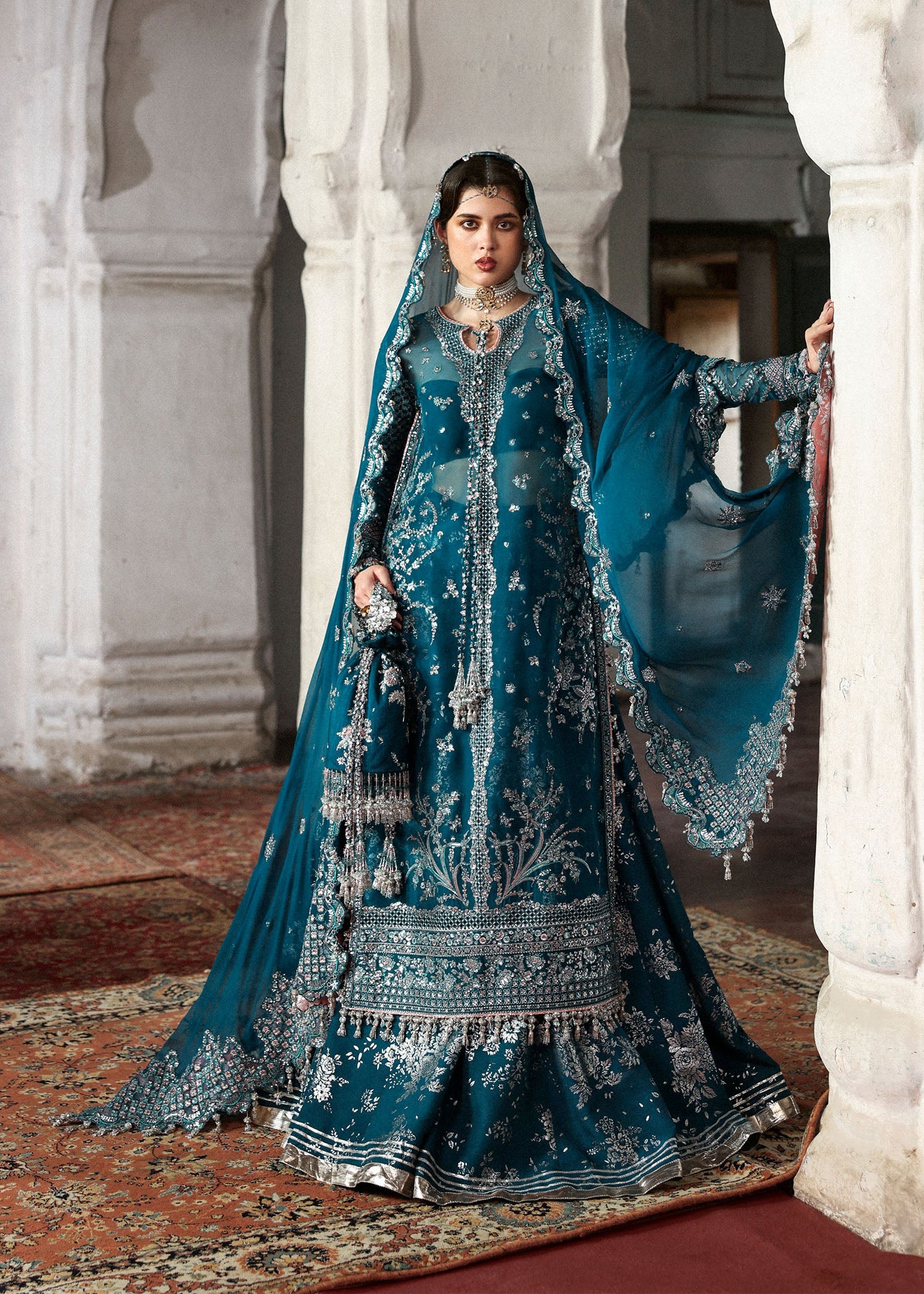 Zebunisa –Teal Organza Embroidered Festive Sharara Suit Online