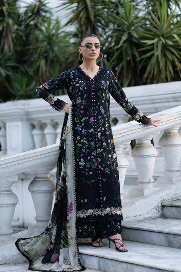 ESG-2B Sasha Elaf Premium embroidered black 3PC lawn suit with printed chiffon dupatta stitched by Pakistanimoda