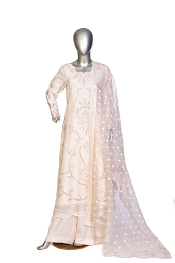 Designer silk dress with hand embroidery in Banarasi and Korean silk – perfect for weddings and formal occasions at Pakistanimoda.com