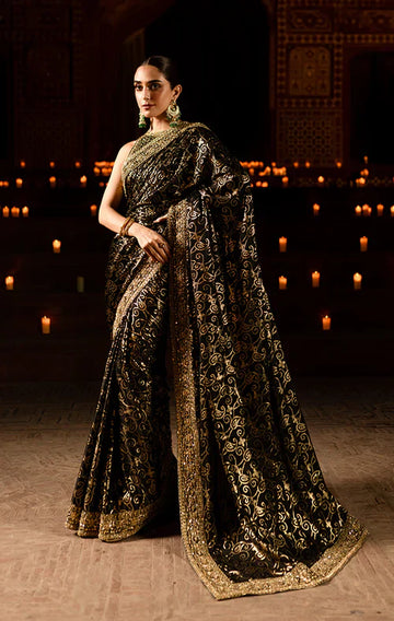 Pakistani designer saree in silk and chiffon with hand embroidery – shop luxury sarees at Pakistanimoda.com with international delivery.