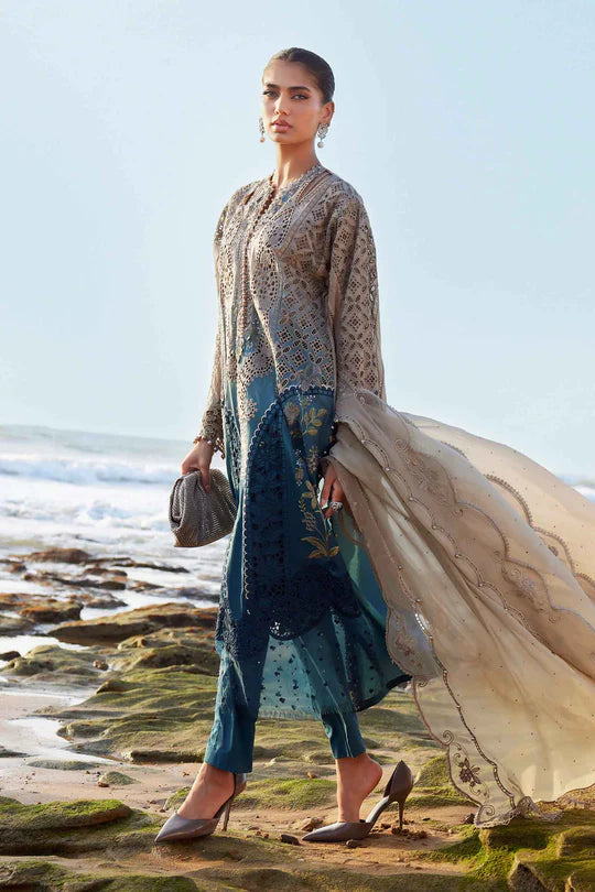 08- Coffee & Teal Embroidered Eid Lawn Suit '25 By-Maria.B