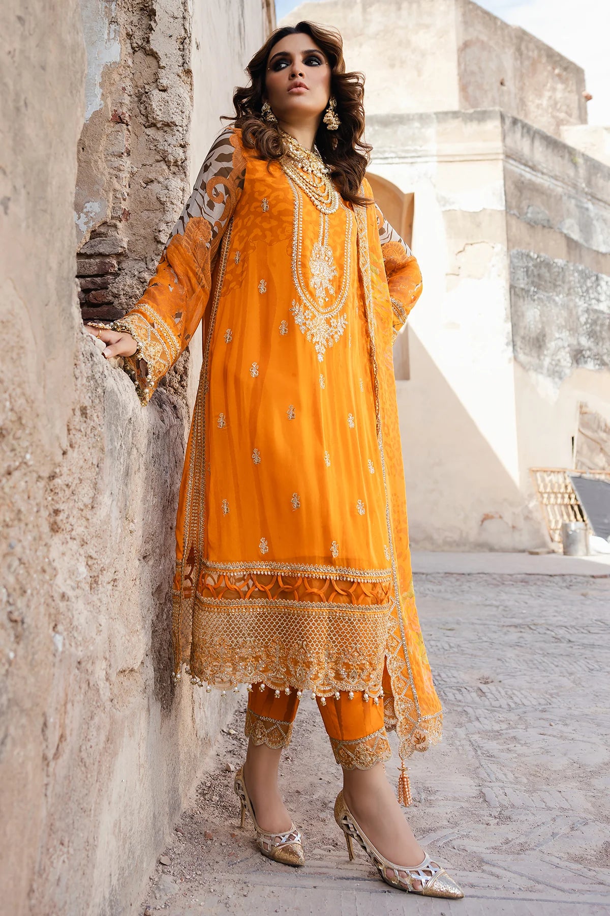 14-Ethnic wear mustard chiffon outfit for women by-Charizma