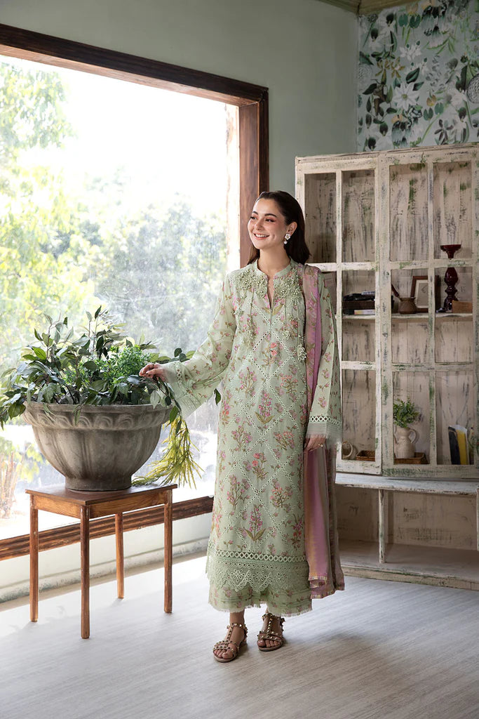 1B-Sage Green Lawn Suit with Printed Chiffon Dupatta By-Sobia Nazir
