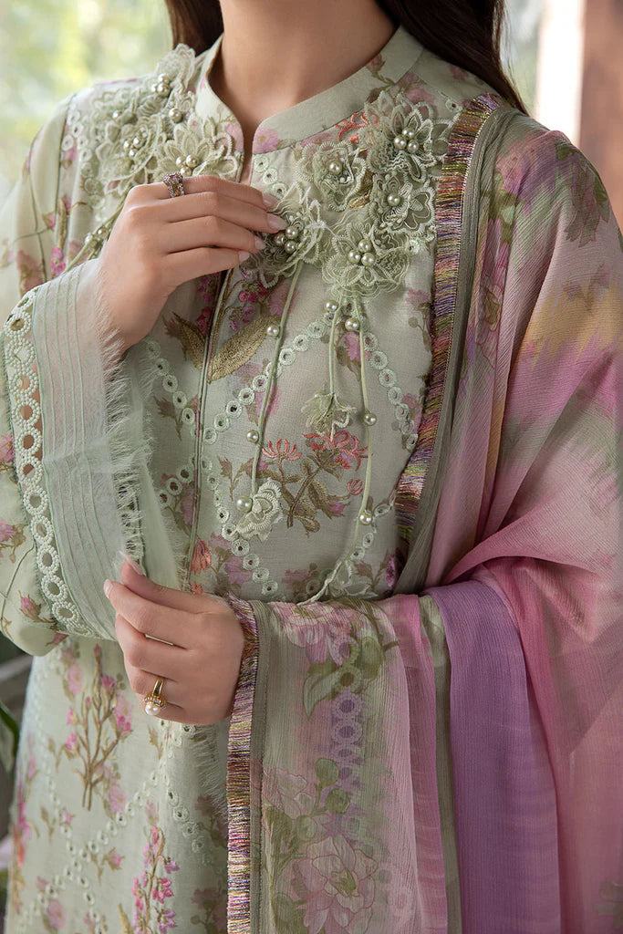 1B-Sage Green Lawn Suit with Printed Chiffon Dupatta By-Sobia Nazir
