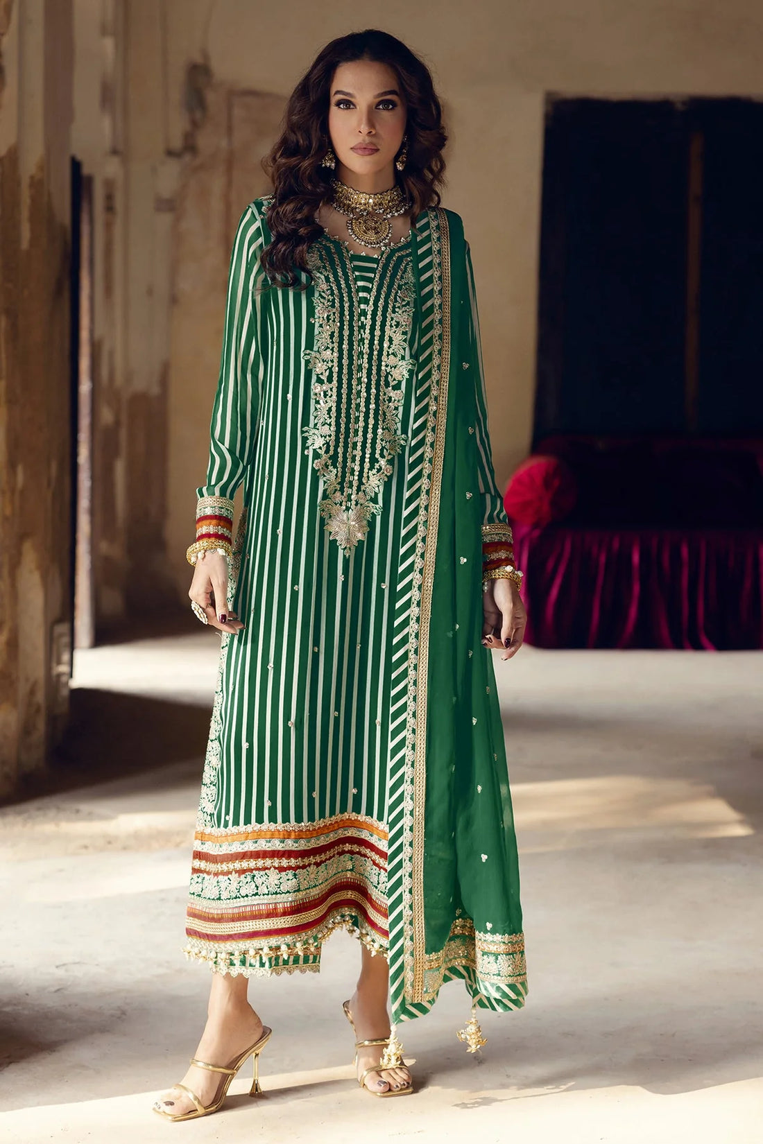 20P-Desi green unstitched ensemble with traditional embellishment by-Charizma