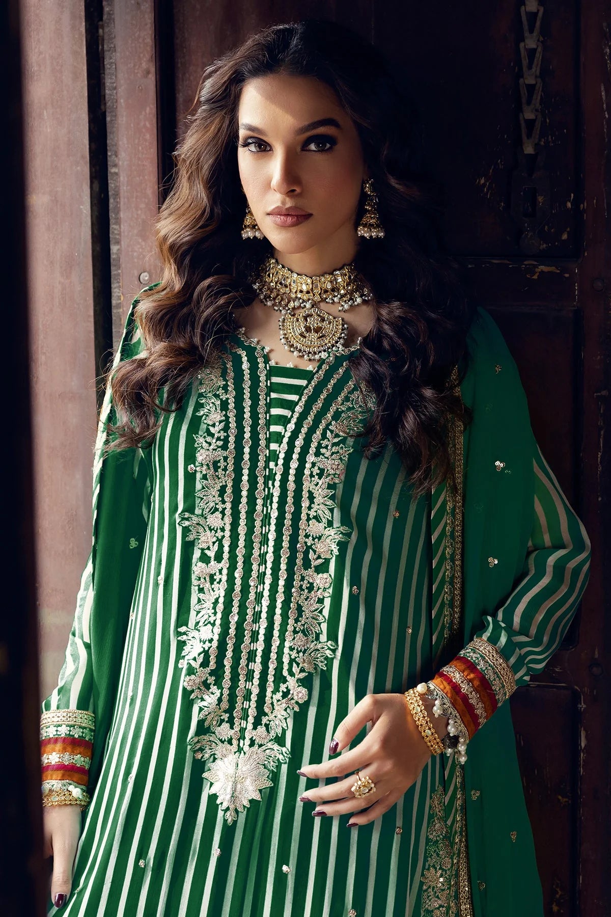 20P-Desi green unstitched ensemble with traditional embellishment by-Charizma