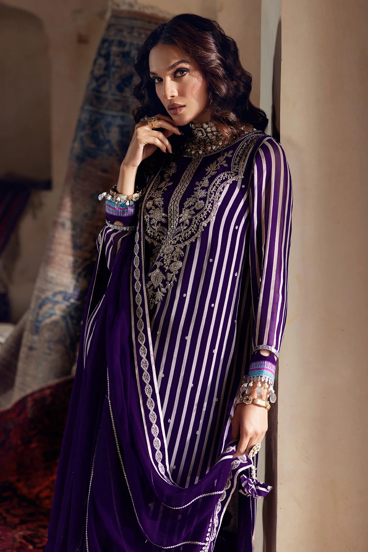 21P-Pakistani deep purple chiffon suit for celebrations by-Charizma
