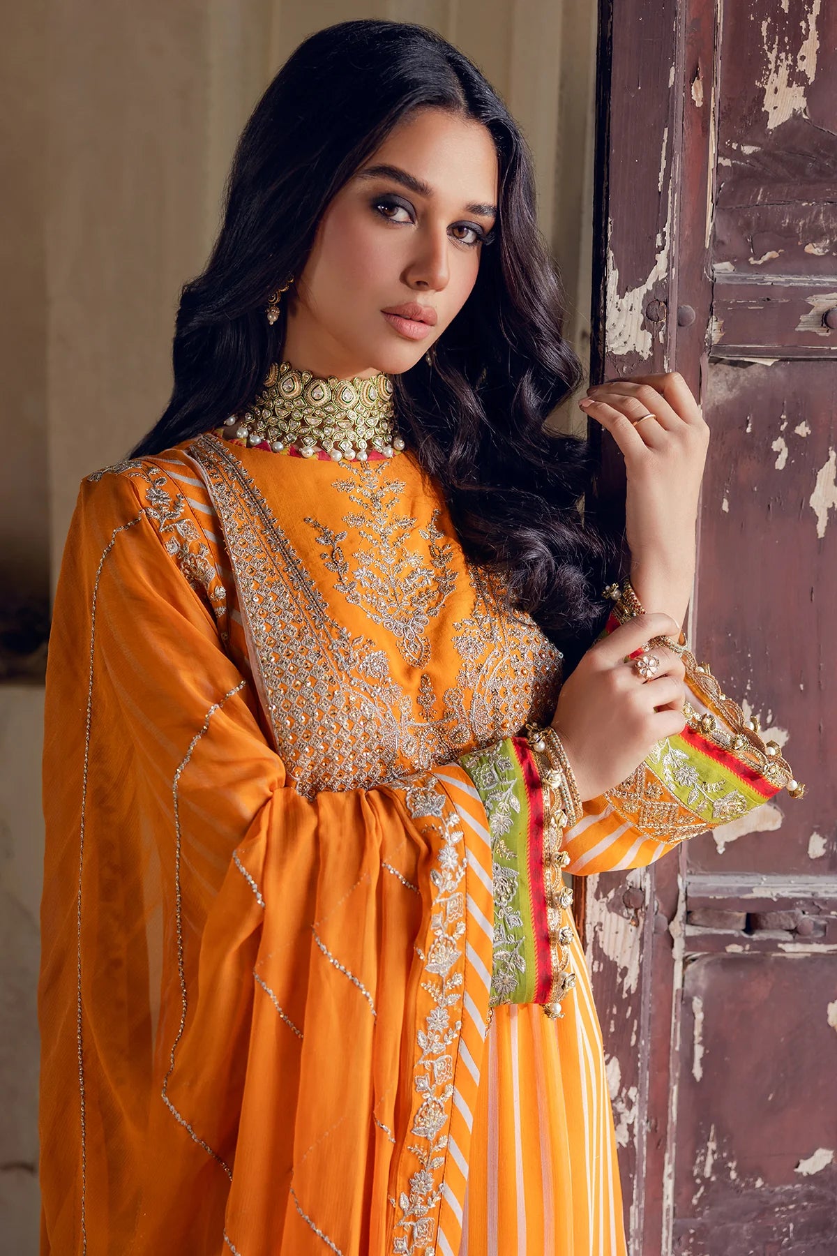 23-Vibrant orange dress with chiffon and raw silk combo by-Charizma