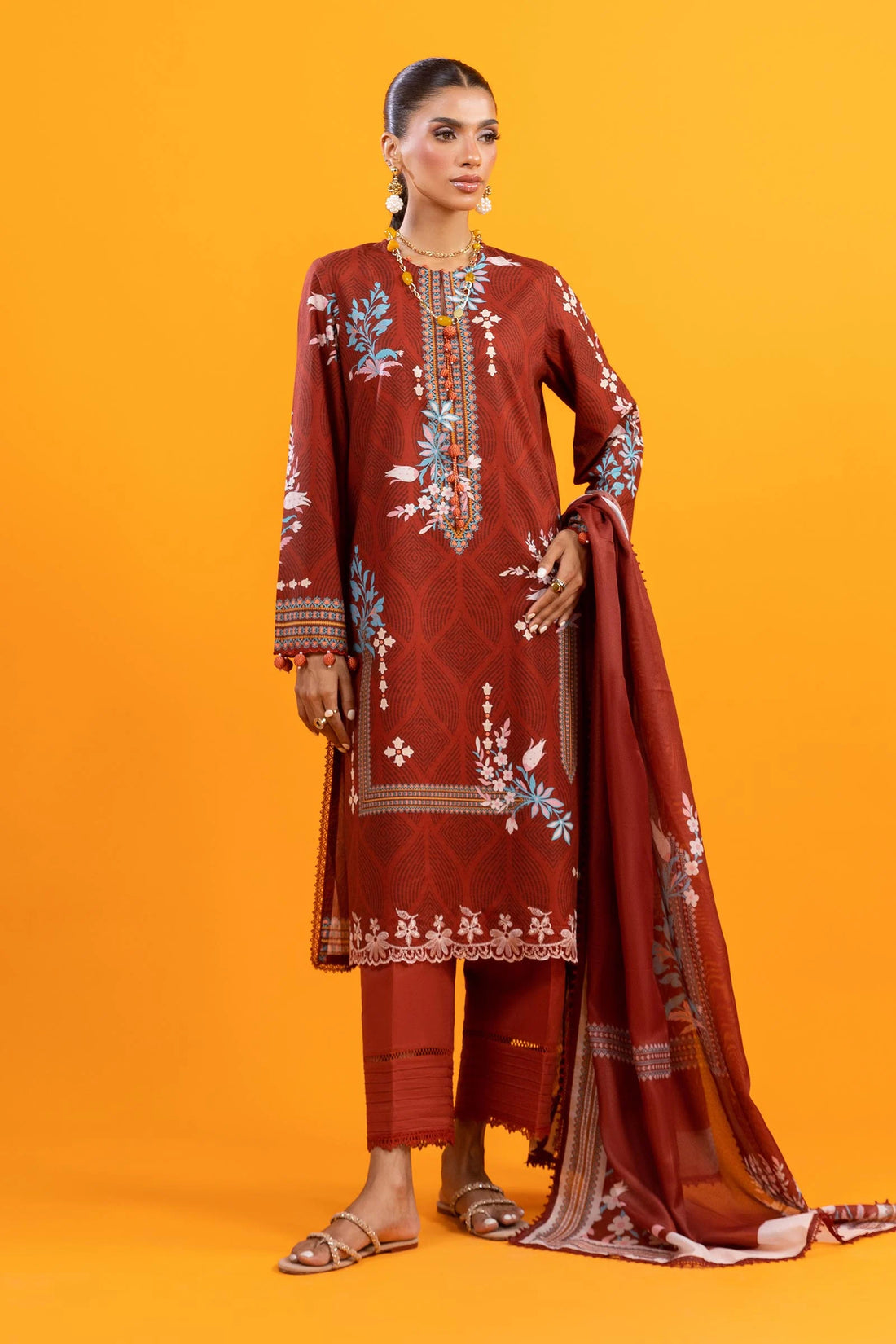 H253-002A-3AS – Mahay stitched lawn outfit in dark brown with printed tennis net dupatta and organza border – Ready-to-wear for Pakistani women at Pakistanimoda

