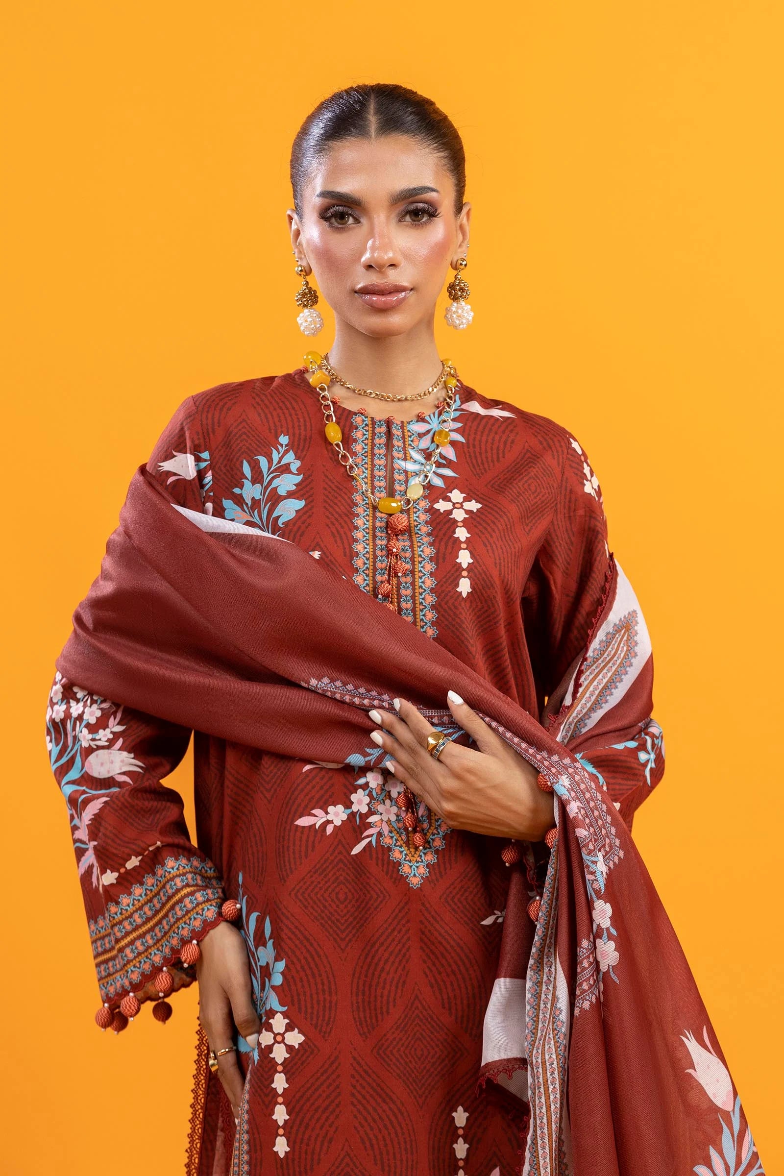H253-002A-3AS – Mahay stitched lawn outfit in dark brown with printed tennis net dupatta and organza border – Ready-to-wear for Pakistani women at Pakistanimoda

