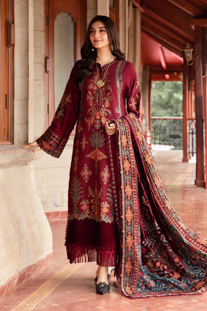 Winter Luxe: Embroidered Twill Linen Suit-DL-1210-Maroon-By Maria.B