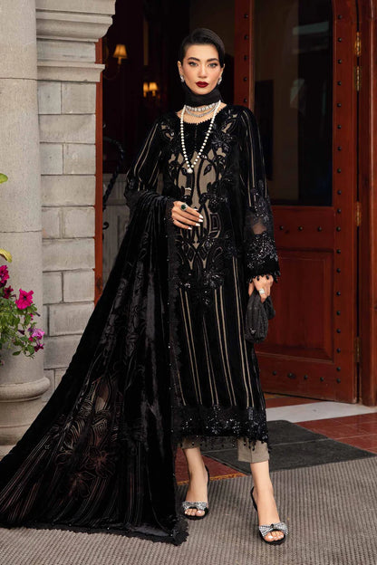 Winter Luxe: Embroidered Velvet Suit-DL-1205 Black and Beige-By Maria.B