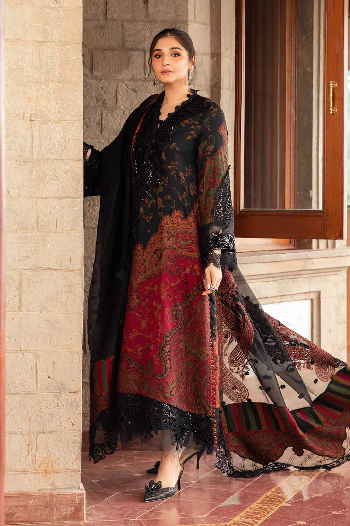 Winter Luxe: Embroidered Woven Suit-DL-1204 Black and Maroon-By Maria.B