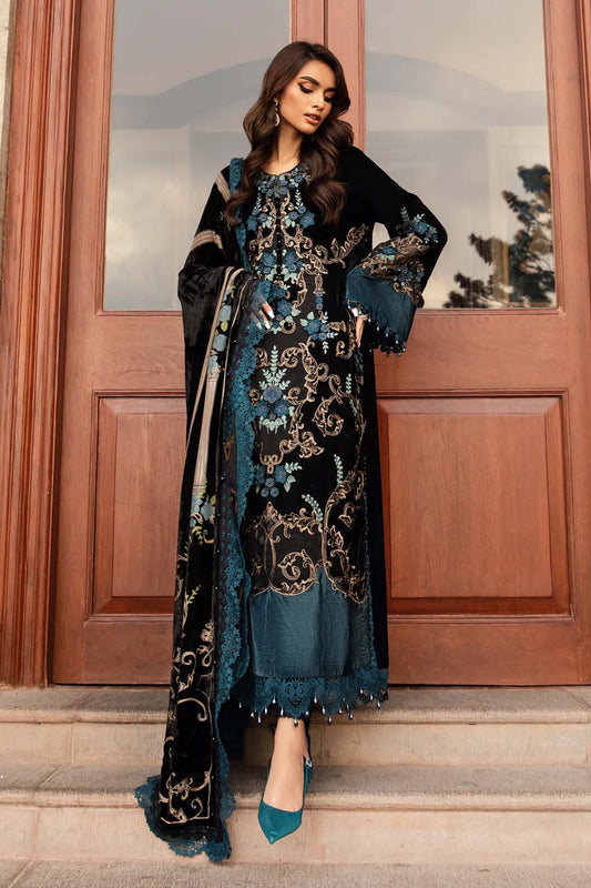 Winter Luxe: Embroidered Velvet Suit-DL-1208-Black and Teal-By Maria.B