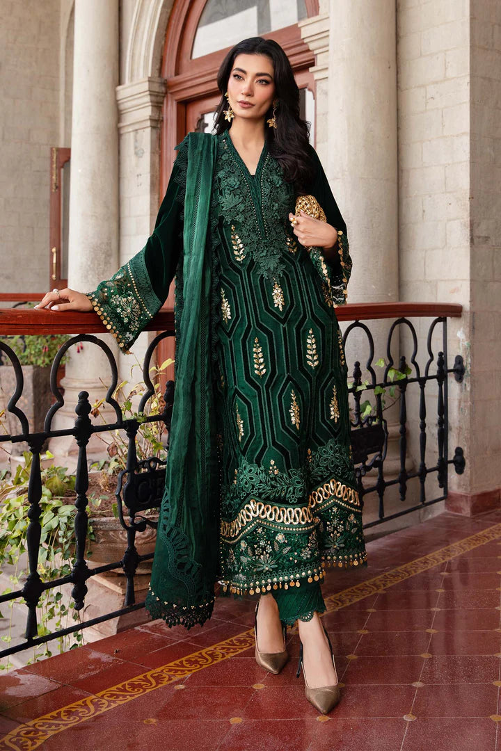 Winter Luxe: Embroidered Velvet Suit-DL-1212-Emerald Green-By Maria.B