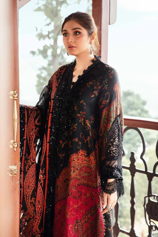 Winter Luxe: Embroidered Woven Suit-DL-1204 Black and Maroon-By Maria.B
