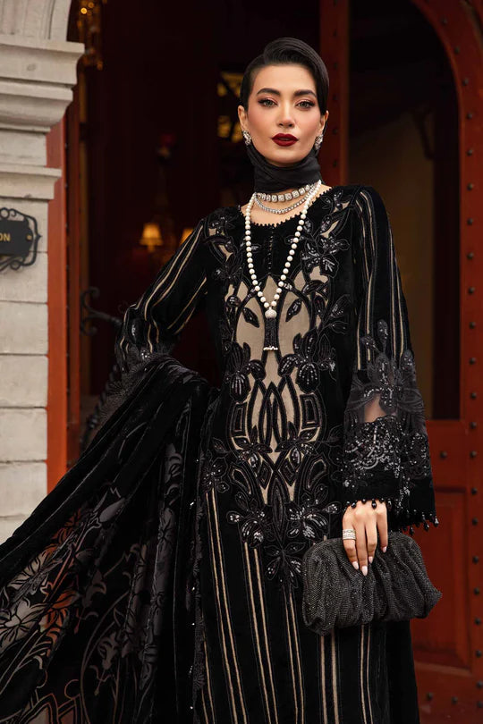 Winter Luxe: Embroidered Velvet Suit-DL-1205 Black and Beige-By Maria.B