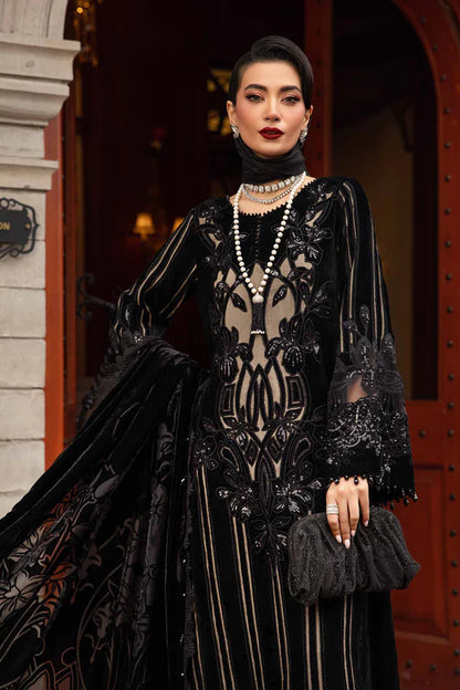 Winter Luxe: Embroidered Velvet Suit-DL-1205 Black and Beige-By Maria.B