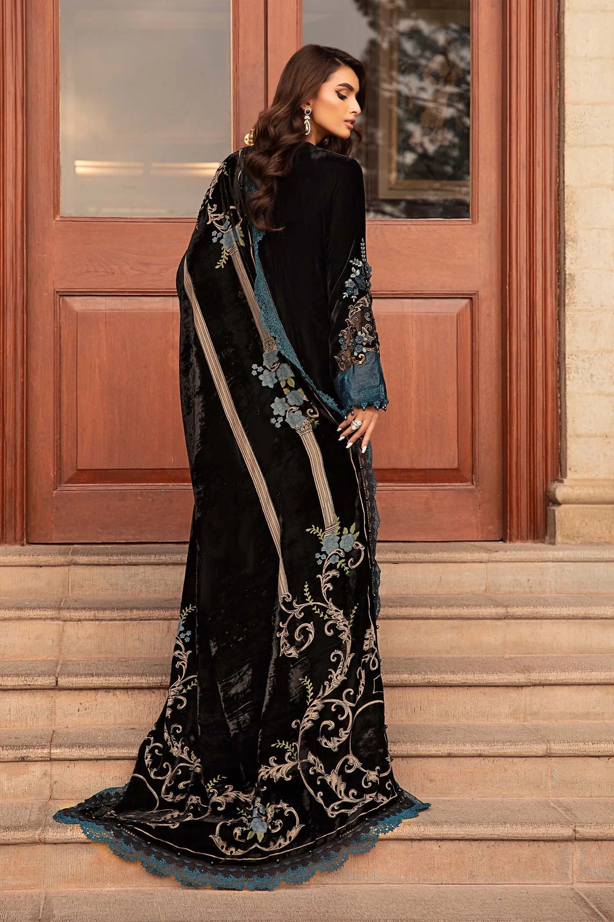 Winter Luxe: Embroidered Velvet Suit-DL-1208-Black and Teal-By Maria.B