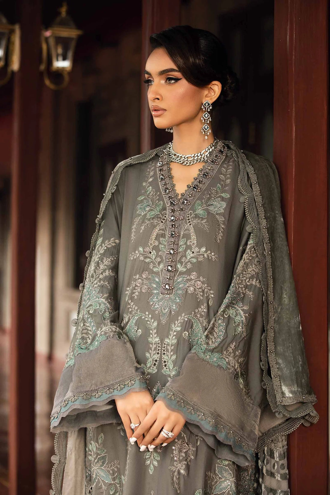 Winter Luxe: Embroidered Velvet Suit-DL-1209-Grey-By Maria.B