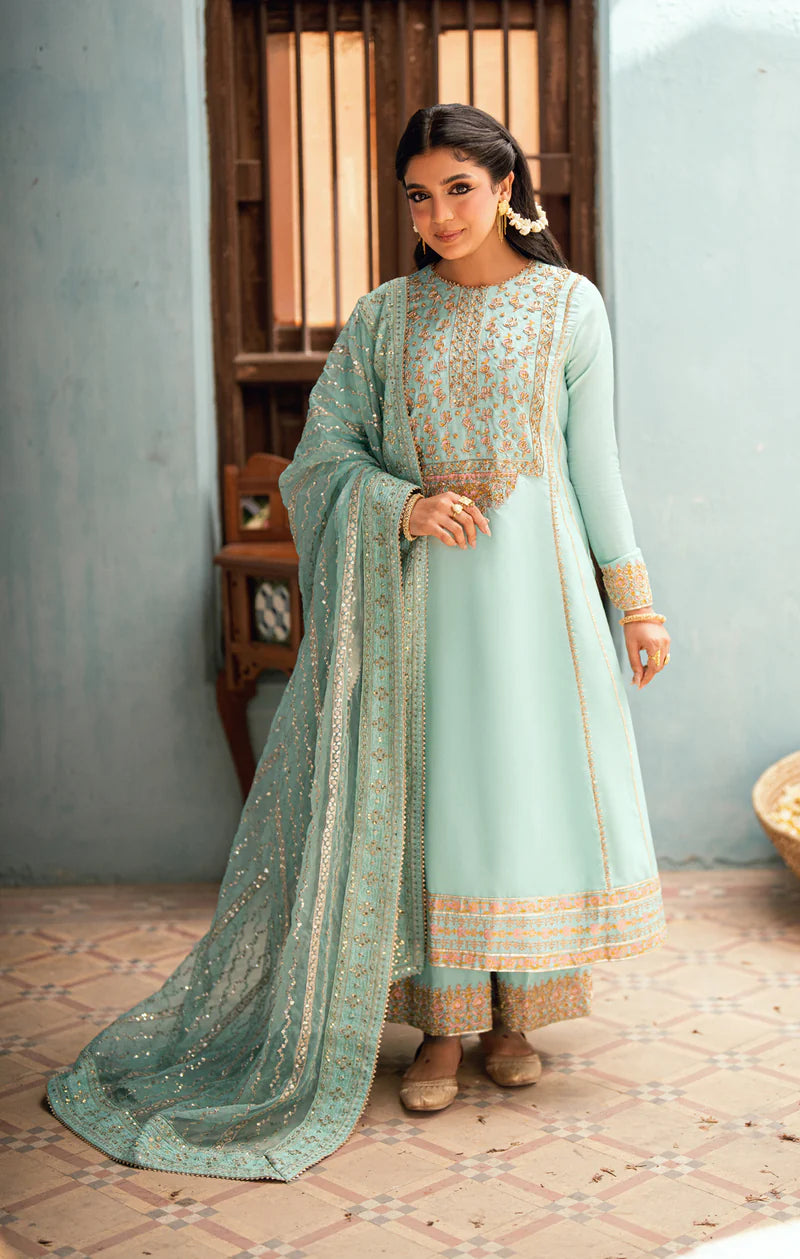 AEDA mint green Pakistani kalidaar with dabka hand embellishments, floral borders, silk culottes, and organza dupatta – formal stitched outfit by Pakistanimoda.com