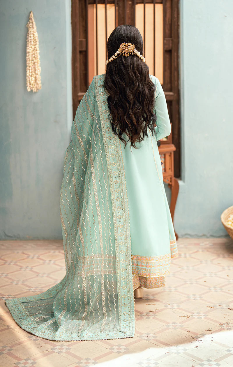 AEDA mint green Pakistani kalidaar with dabka hand embellishments, floral borders, silk culottes, and organza dupatta – formal stitched outfit by Pakistanimoda.com